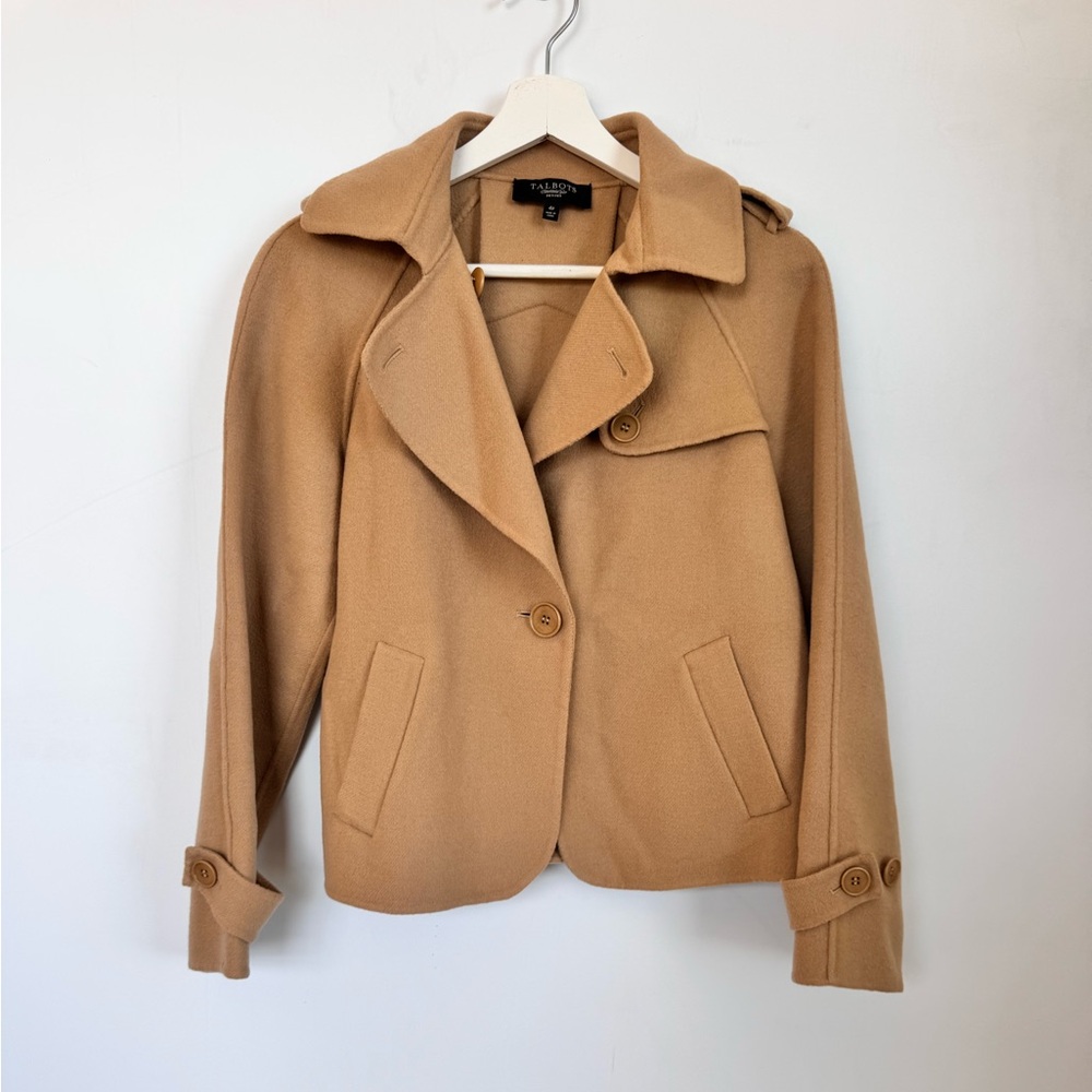 Talbots Tan Wool Blend Short Pea Coat Button Up Jacket Size 4 Petite